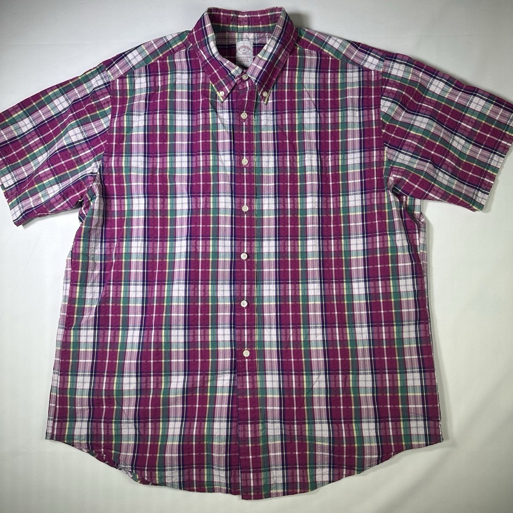 Brooks Brothers Shirt Mens XL Pink Green Plaid Short Sleeve Button Down Colorful